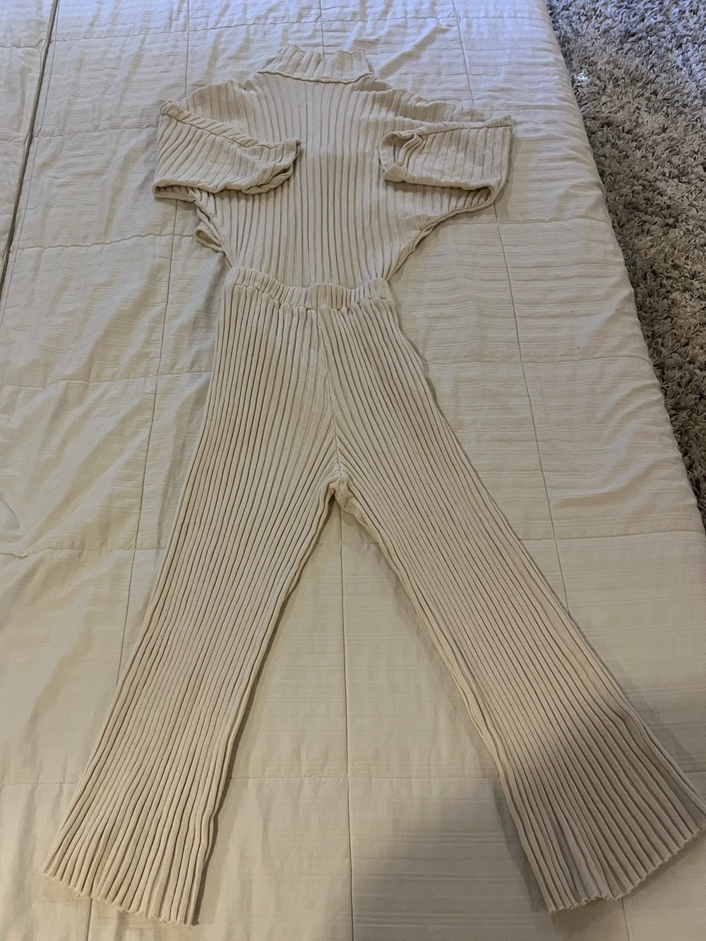 Free People 100% Cotton Ribbed Knit Jumpsuit - Cream